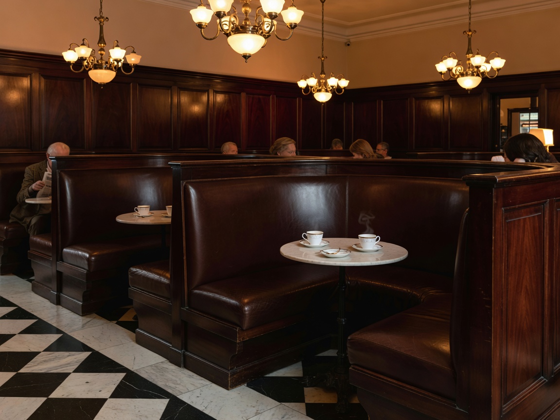 Classical European coffee house with wooden booths and warm lighting