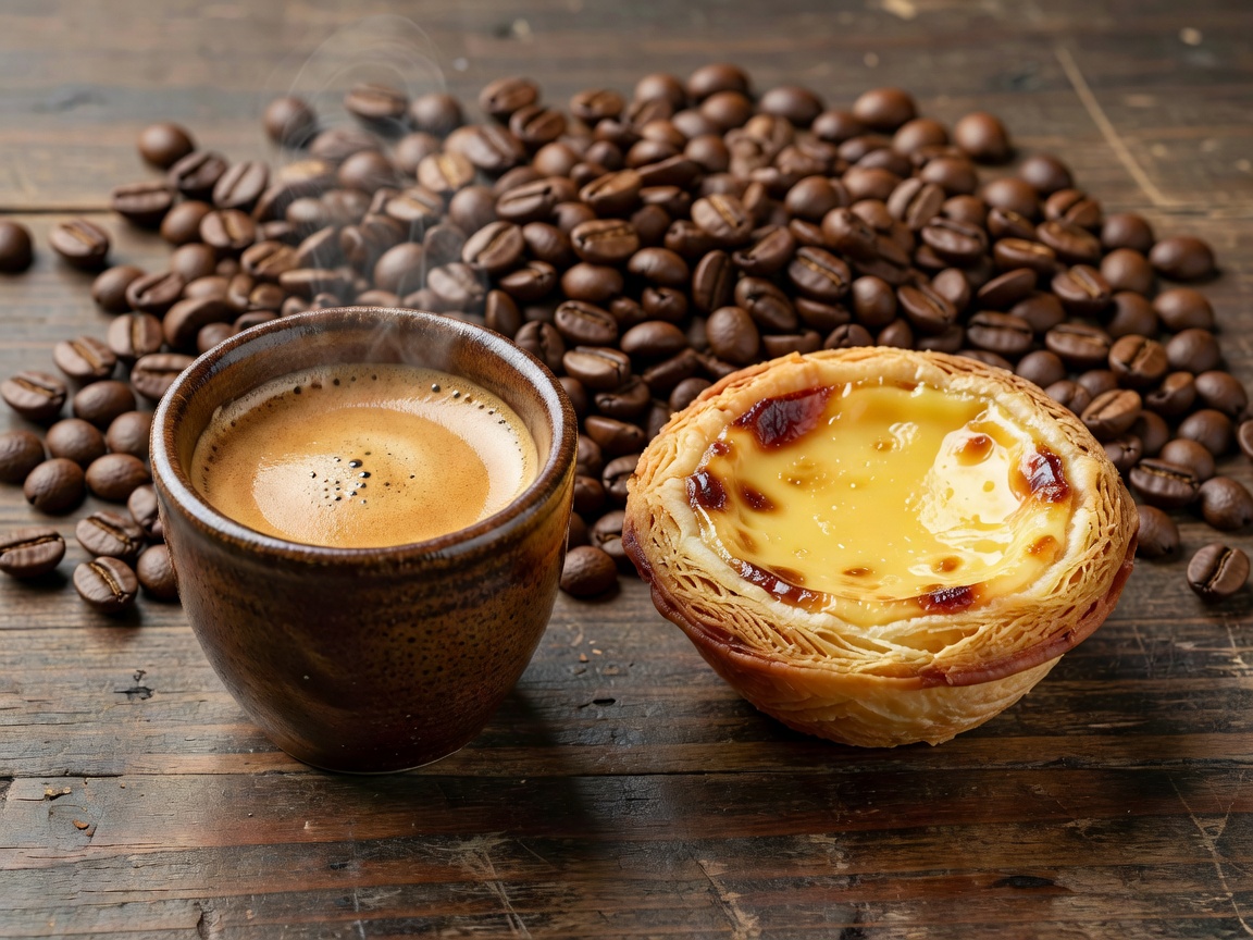 Fresh espresso cup next to Portuguese pastry with rustic beans background