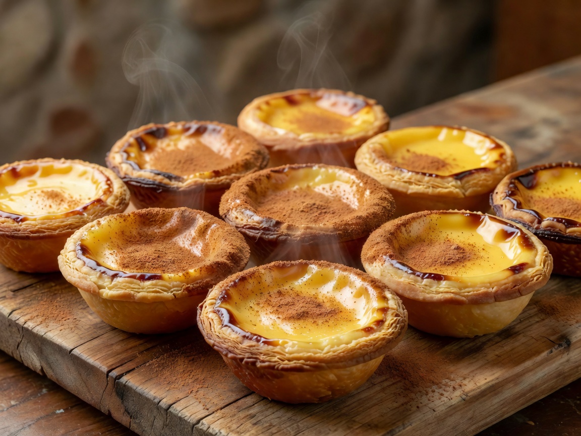 Freshly baked Portuguese custard tarts Pastéis de Nata dusted with cinnamon