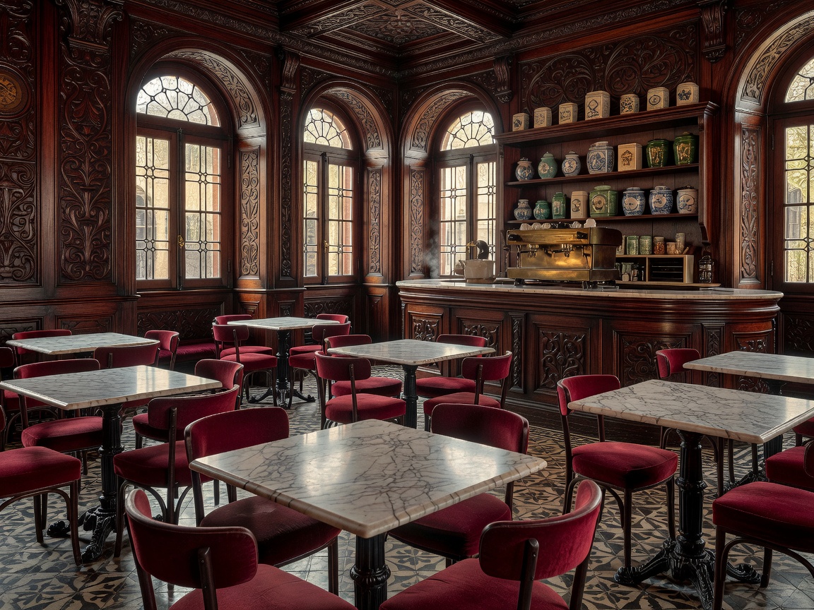 Historic Portuguese café interior with carved woodwork and marble tables