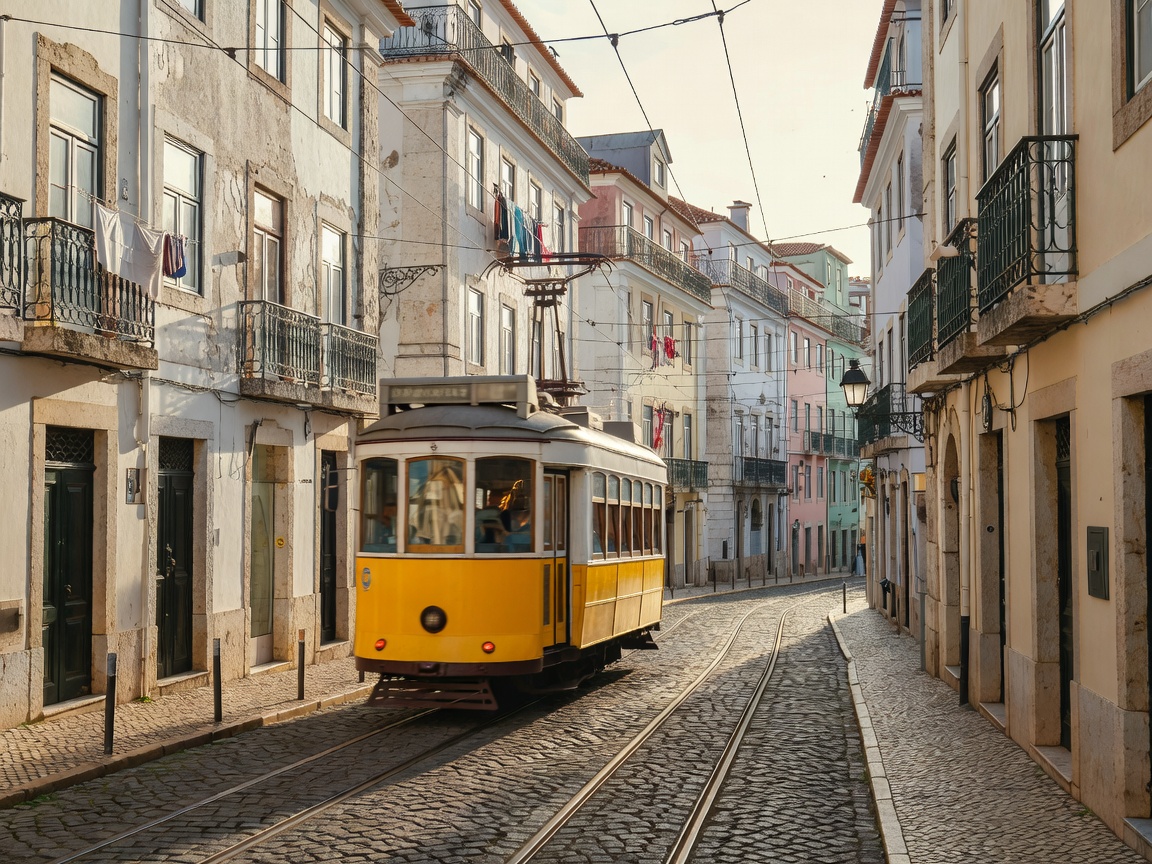 Lisbon yellow tram navigating historic narrow cobblestone street