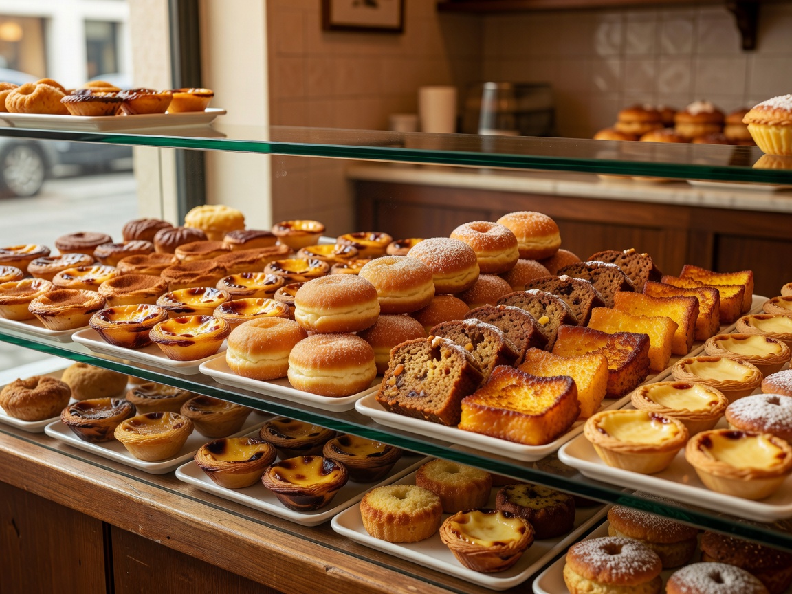 Pastelaria glass counter displaying fresh Portuguese cakes and pastries