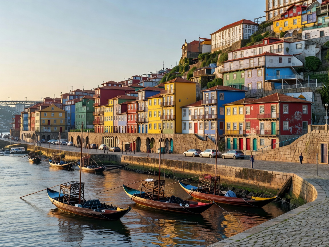 Porto Douro riverfront with historic colorful buildings and traditional boats