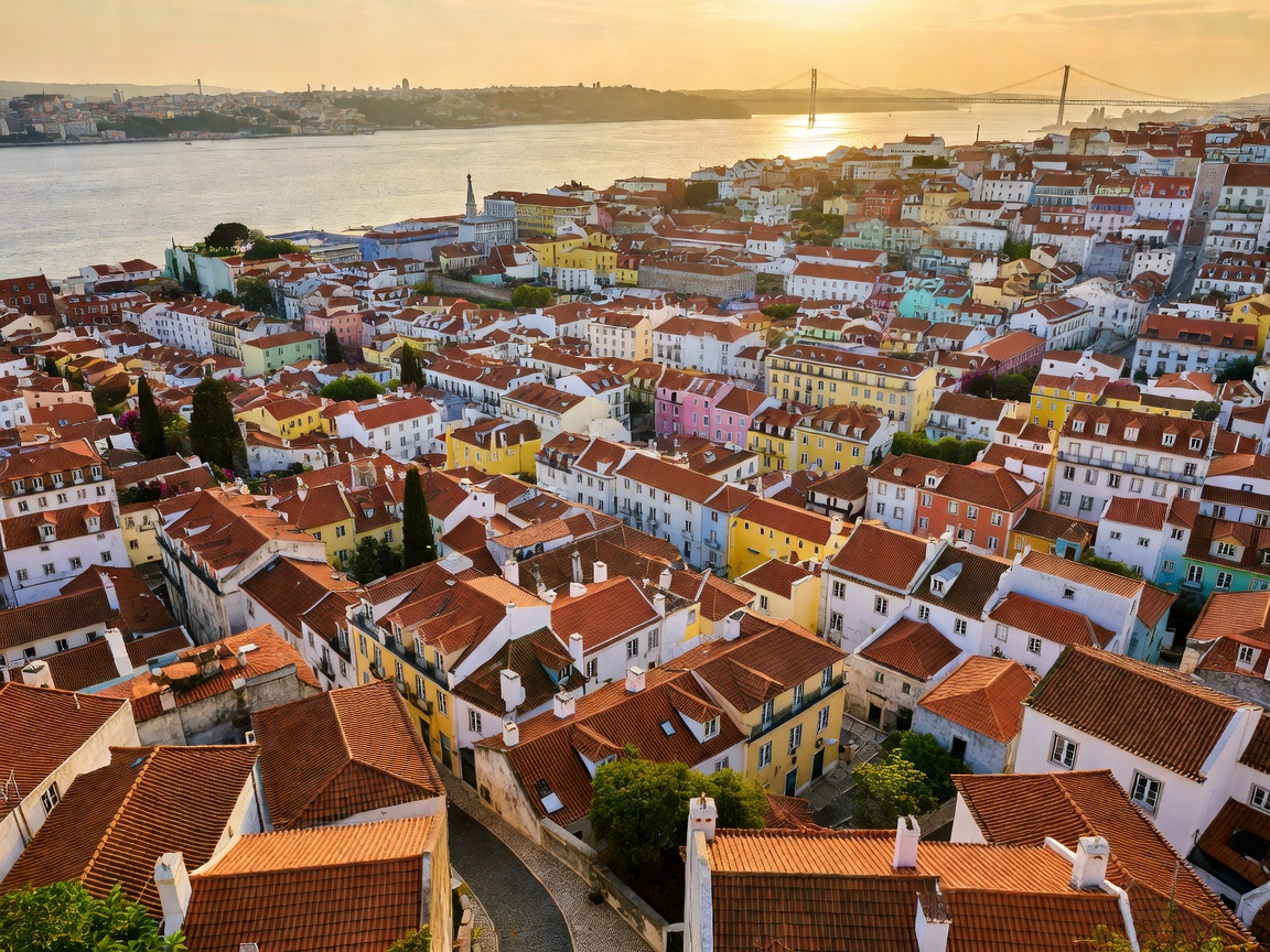 Scenic Lisbon cityscape with terracotta roofs and the Tagus river